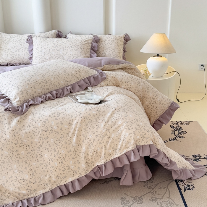 91家纺网 家纺一手货源 找家纺 晚爱家纺（原晚安家居） 2026韩版花边四件套 有氧针织双层纱天竺棉超柔小清新四件套 安琪拉