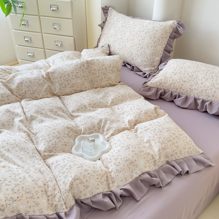 91家纺网 家纺一手货源 找家纺 晚爱家纺（原晚安家居） 2026韩版花边四件套 有氧针织双层纱天竺棉超柔小清新四件套 安琪拉