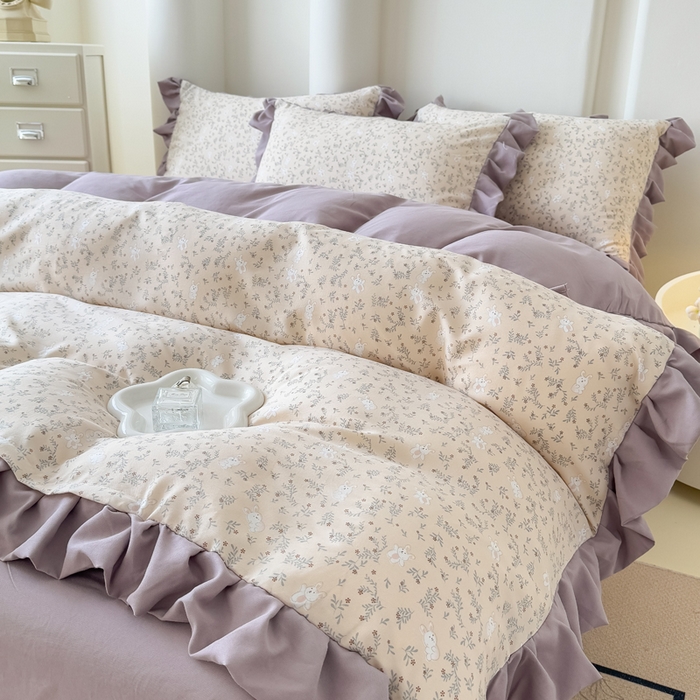 91家纺网 家纺一手货源 找家纺 晚爱家纺（原晚安家居） 2026韩版花边四件套 有氧针织双层纱天竺棉超柔小清新四件套 安琪拉