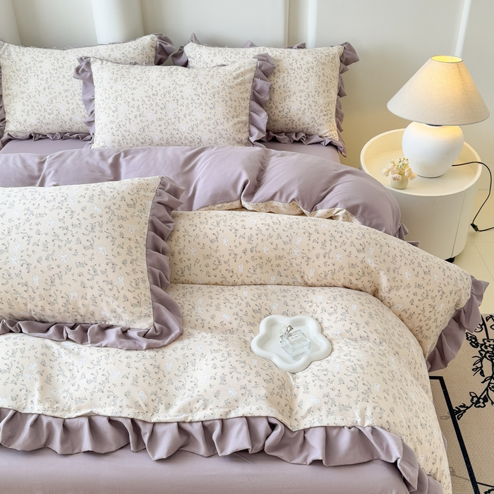 91家纺网 家纺一手货源 找家纺 晚爱家纺（原晚安家居） 2026韩版花边四件套 有氧针织双层纱天竺棉超柔小清新四件套 安琪拉