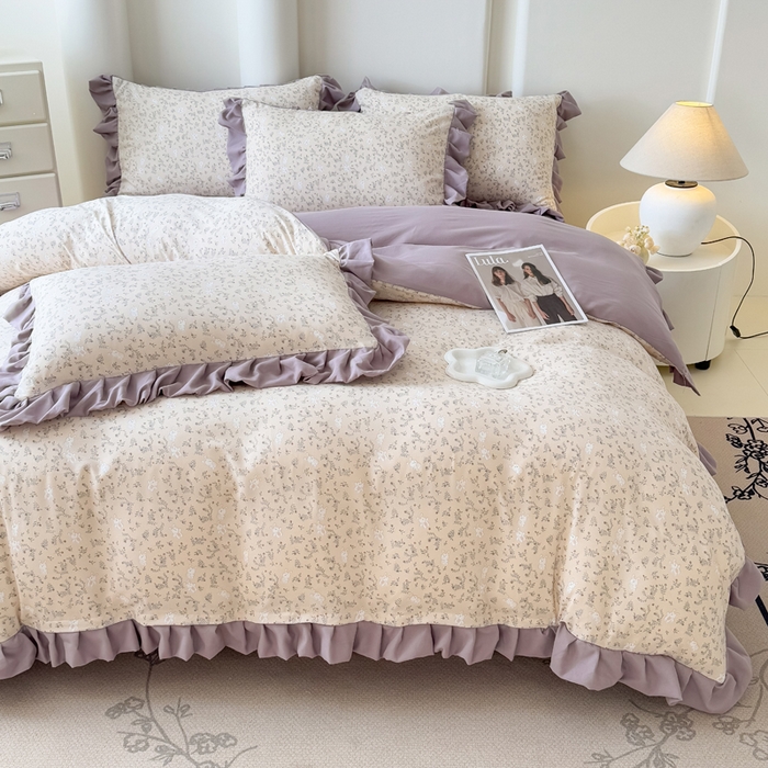 91家纺网 家纺一手货源 找家纺 晚爱家纺（原晚安家居） 2026韩版花边四件套 有氧针织双层纱天竺棉超柔小清新四件套 安琪拉