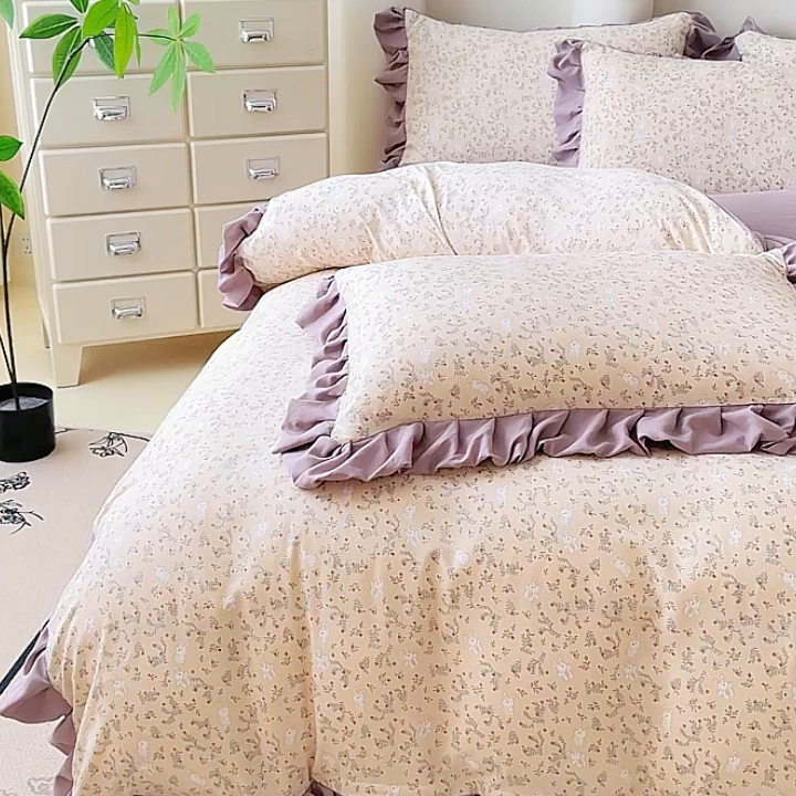 91家纺网 家纺一手货源 找家纺 晚爱家纺（原晚安家居） 2026韩版花边四件套 有氧针织双层纱天竺棉超柔小清新四件套 安琪拉