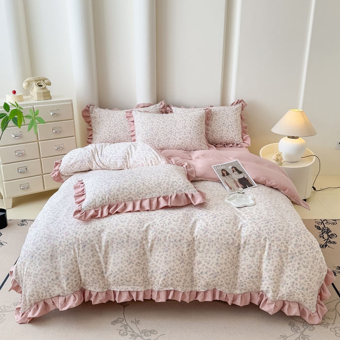 91家纺网 家纺一手货源 找家纺 晚爱家纺（原晚安家居） 2026韩版花边四件套 有氧针织双层纱天竺棉超柔小清新四件套 花漾年华