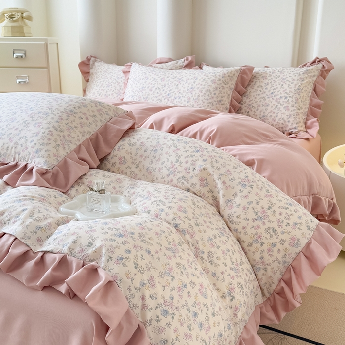 91家纺网 家纺一手货源 找家纺 晚爱家纺（原晚安家居） 2026韩版花边四件套 有氧针织双层纱天竺棉超柔小清新四件套 花漾年华