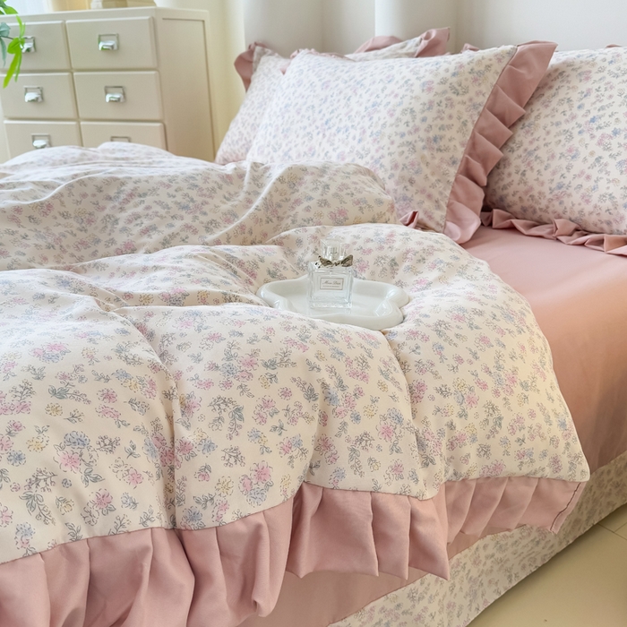 91家纺网 家纺一手货源 找家纺 晚爱家纺（原晚安家居） 2026韩版花边四件套 有氧针织双层纱天竺棉超柔小清新四件套 花漾年华