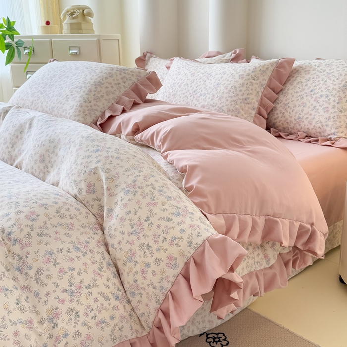 91家纺网 家纺一手货源 找家纺 晚爱家纺（原晚安家居） 2026韩版花边四件套 有氧针织双层纱天竺棉超柔小清新四件套 花漾年华