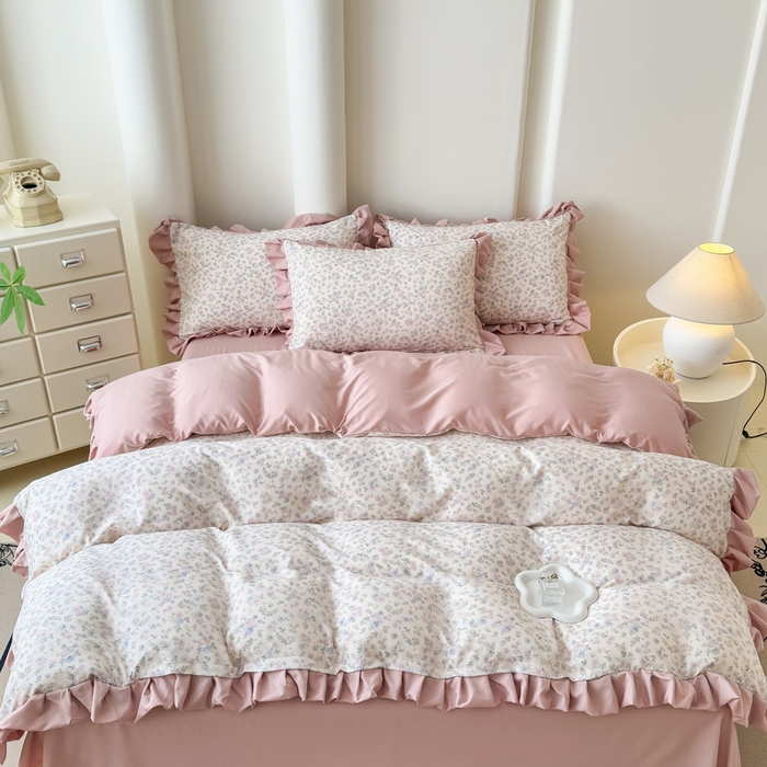 91家纺网 家纺一手货源 找家纺 晚爱家纺（原晚安家居） 2026韩版花边四件套 有氧针织双层纱天竺棉超柔小清新四件套 花漾年华