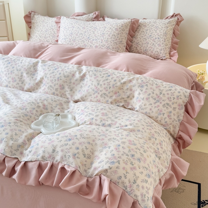 91家纺网 家纺一手货源 找家纺 晚爱家纺（原晚安家居） 2026韩版花边四件套 有氧针织双层纱天竺棉超柔小清新四件套 花漾年华