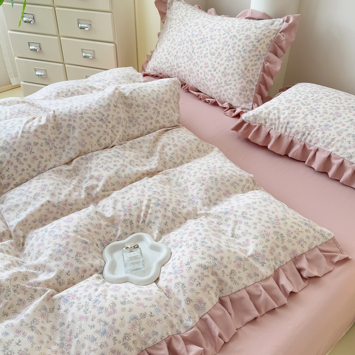 91家纺网 家纺一手货源 找家纺 晚爱家纺（原晚安家居） 2026韩版花边四件套 有氧针织双层纱天竺棉超柔小清新四件套 花漾年华