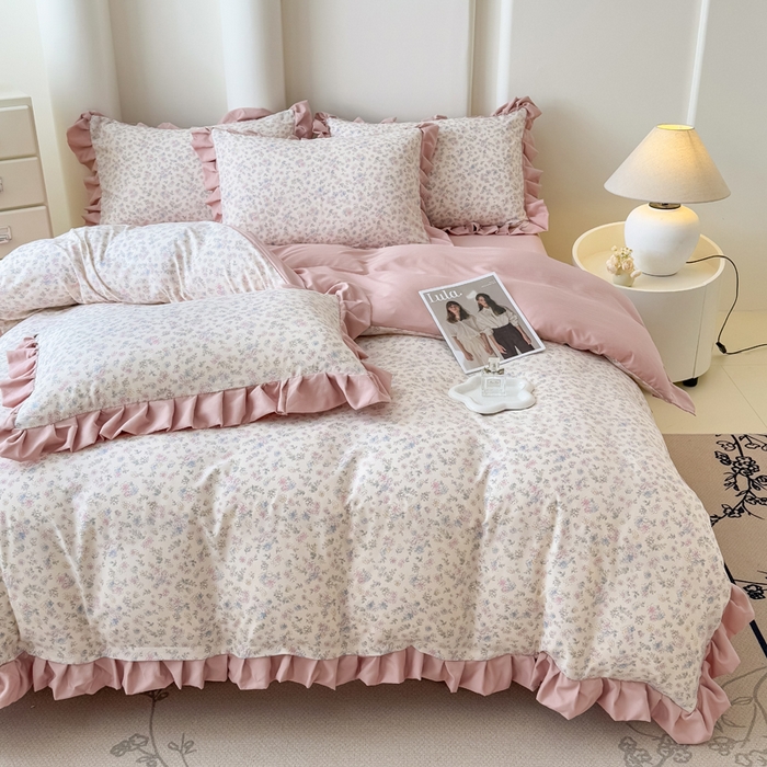 91家纺网 家纺一手货源 找家纺 晚爱家纺（原晚安家居） 2026韩版花边四件套 有氧针织双层纱天竺棉超柔小清新四件套 花漾年华