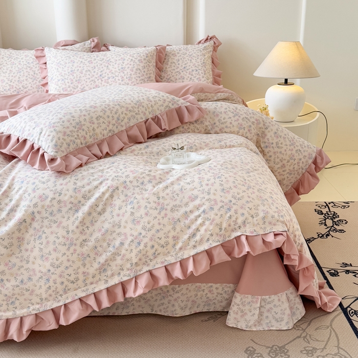 91家纺网 家纺一手货源 找家纺 晚爱家纺（原晚安家居） 2026韩版花边四件套 有氧针织双层纱天竺棉超柔小清新四件套 花漾年华