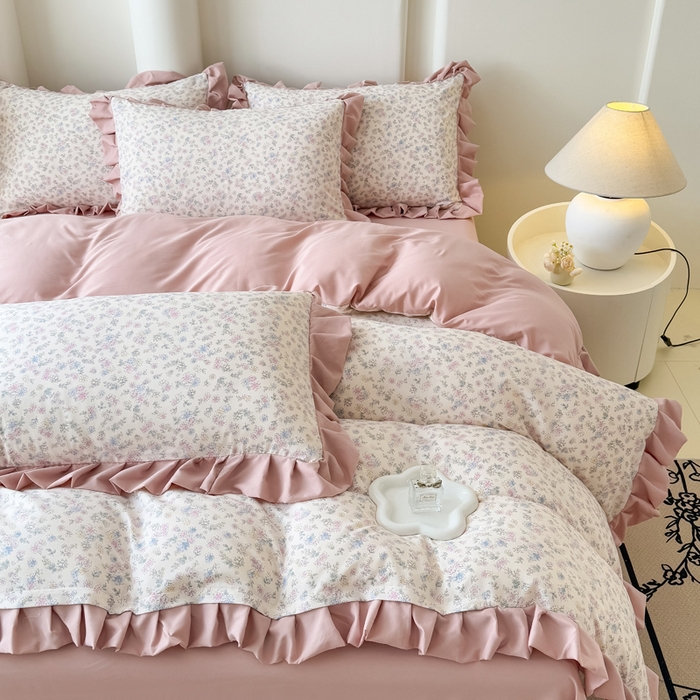 91家纺网 家纺一手货源 找家纺 晚爱家纺（原晚安家居） 2026韩版花边四件套 有氧针织双层纱天竺棉超柔小清新四件套 花漾年华