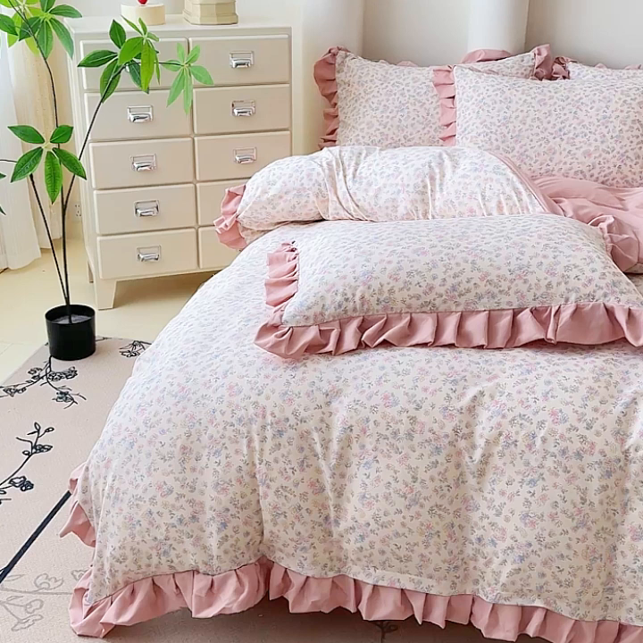 91家纺网 家纺一手货源 找家纺 晚爱家纺（原晚安家居） 2026韩版花边四件套 有氧针织双层纱天竺棉超柔小清新四件套 花漾年华