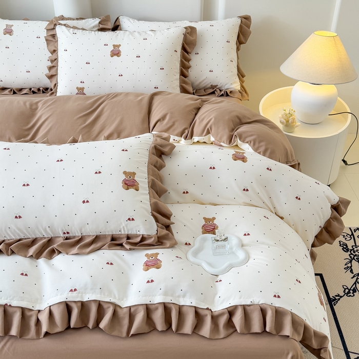 91家纺网 家纺一手货源 找家纺 晚爱家纺（原晚安家居） 2026韩版花边四件套 有氧针织双层纱天竺棉超柔小清新四件套 铃铛熊