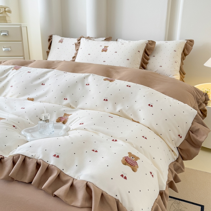 91家纺网 家纺一手货源 找家纺 晚爱家纺（原晚安家居） 2026韩版花边四件套 有氧针织双层纱天竺棉超柔小清新四件套 铃铛熊