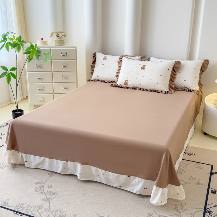 91家纺网 家纺一手货源 找家纺 晚爱家纺（原晚安家居） 2026韩版花边四件套 有氧针织双层纱天竺棉超柔小清新四件套 铃铛熊