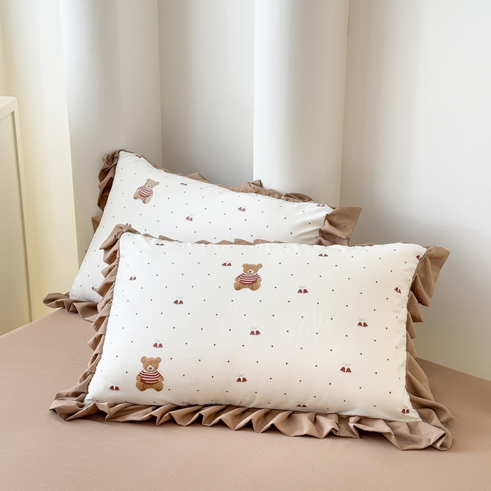 91家纺网 家纺一手货源 找家纺 晚爱家纺（原晚安家居） 2026韩版花边四件套 有氧针织双层纱天竺棉超柔小清新四件套 铃铛熊