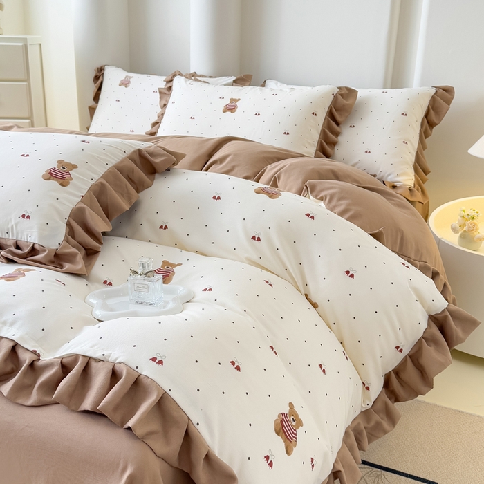 91家纺网 家纺一手货源 找家纺 晚爱家纺（原晚安家居） 2026韩版花边四件套 有氧针织双层纱天竺棉超柔小清新四件套 铃铛熊