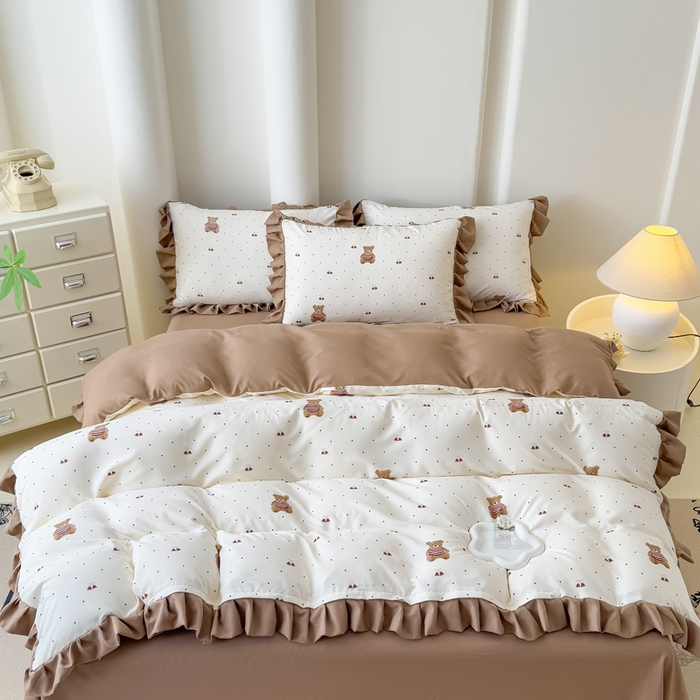 91家纺网 家纺一手货源 找家纺 晚爱家纺（原晚安家居） 2026韩版花边四件套 有氧针织双层纱天竺棉超柔小清新四件套 铃铛熊