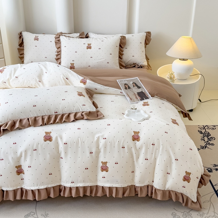 91家纺网 家纺一手货源 找家纺 晚爱家纺（原晚安家居） 2026韩版花边四件套 有氧针织双层纱天竺棉超柔小清新四件套 铃铛熊