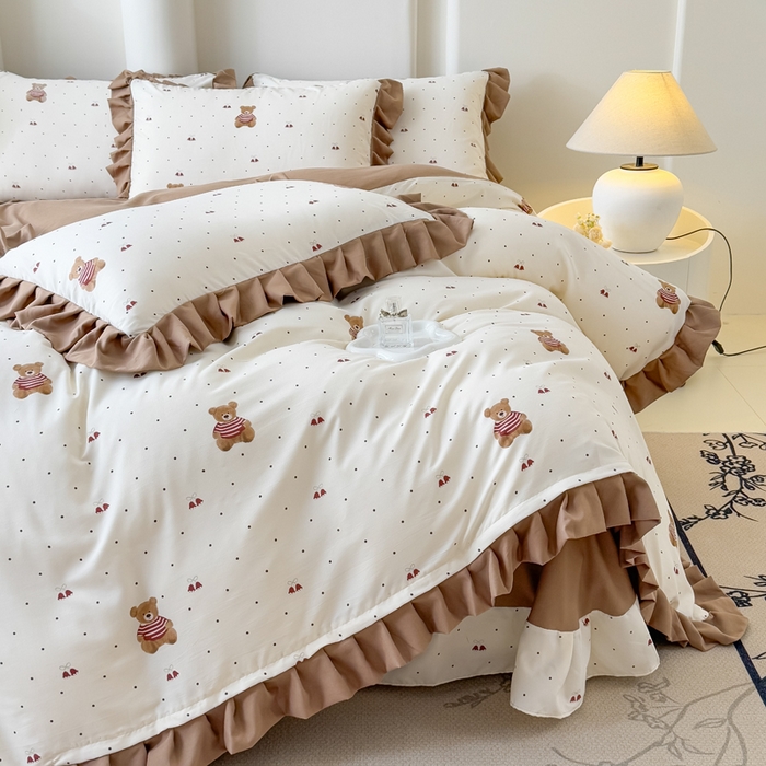 91家纺网 家纺一手货源 找家纺 晚爱家纺（原晚安家居） 2026韩版花边四件套 有氧针织双层纱天竺棉超柔小清新四件套 铃铛熊