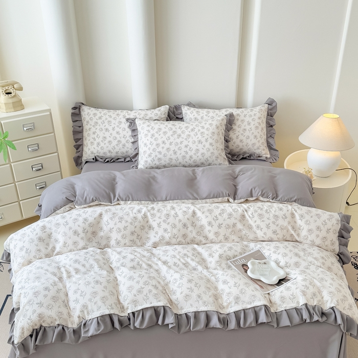 91家纺网 家纺一手货源 找家纺 晚爱家纺（原晚安家居） 2026韩版花边四件套 有氧针织双层纱天竺棉超柔小清新四件套 玫瑰