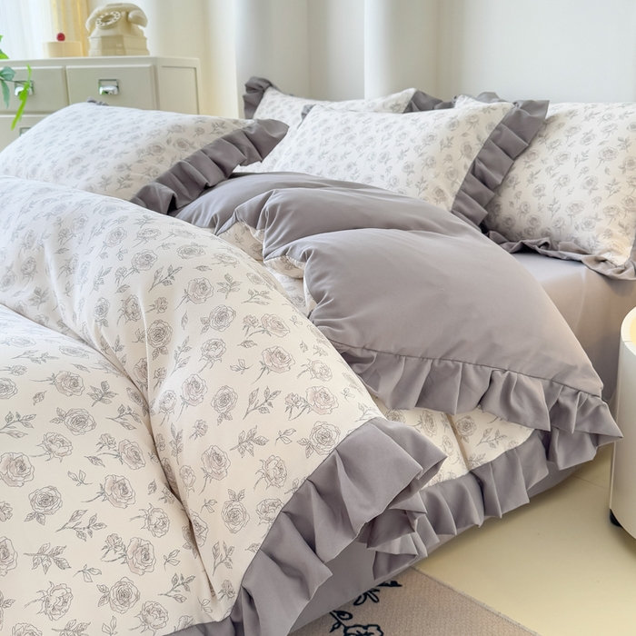 91家纺网 家纺一手货源 找家纺 晚爱家纺（原晚安家居） 2026韩版花边四件套 有氧针织双层纱天竺棉超柔小清新四件套 玫瑰