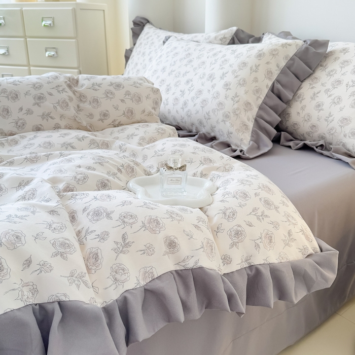 91家纺网 家纺一手货源 找家纺 晚爱家纺（原晚安家居） 2026韩版花边四件套 有氧针织双层纱天竺棉超柔小清新四件套 玫瑰