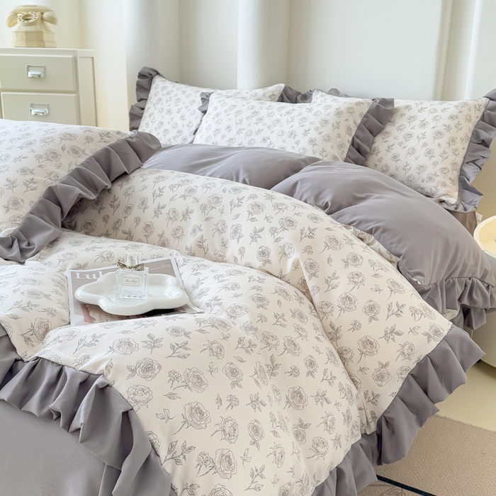 91家纺网 家纺一手货源 找家纺 晚爱家纺（原晚安家居） 2026韩版花边四件套 有氧针织双层纱天竺棉超柔小清新四件套 玫瑰