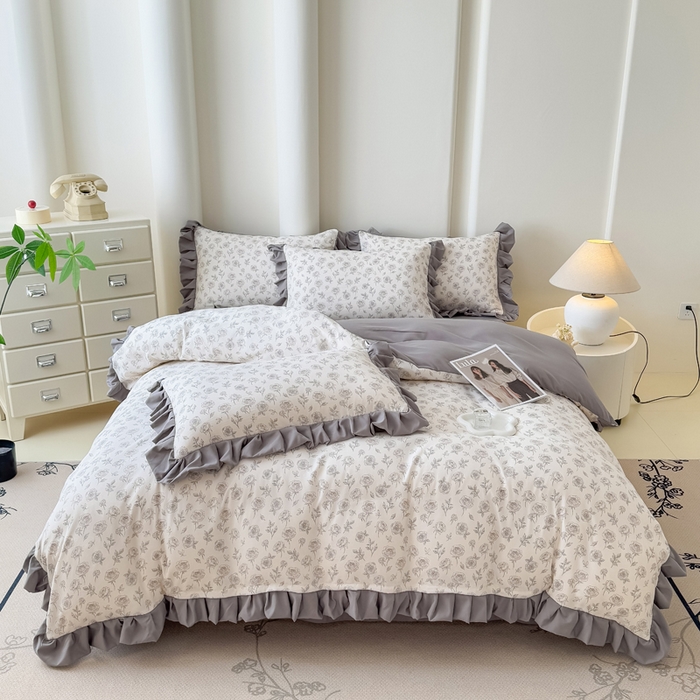 91家纺网 家纺一手货源 找家纺 晚爱家纺（原晚安家居） 2026韩版花边四件套 有氧针织双层纱天竺棉超柔小清新四件套 玫瑰