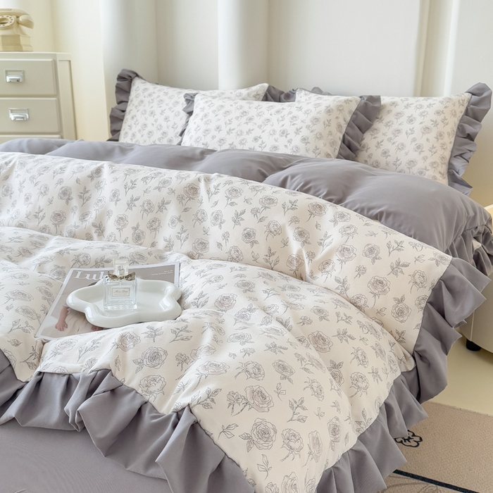 91家纺网 家纺一手货源 找家纺 晚爱家纺（原晚安家居） 2026韩版花边四件套 有氧针织双层纱天竺棉超柔小清新四件套 玫瑰