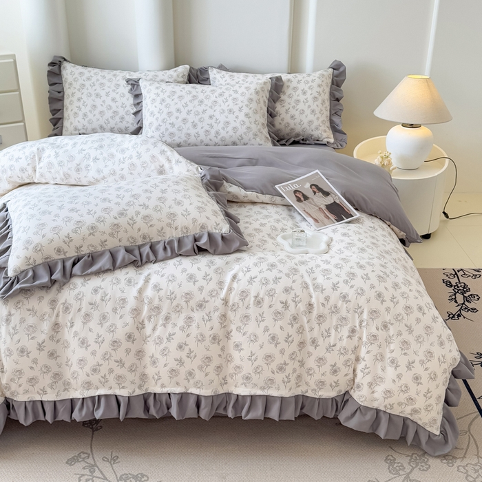 91家纺网 家纺一手货源 找家纺 晚爱家纺（原晚安家居） 2026韩版花边四件套 有氧针织双层纱天竺棉超柔小清新四件套 玫瑰