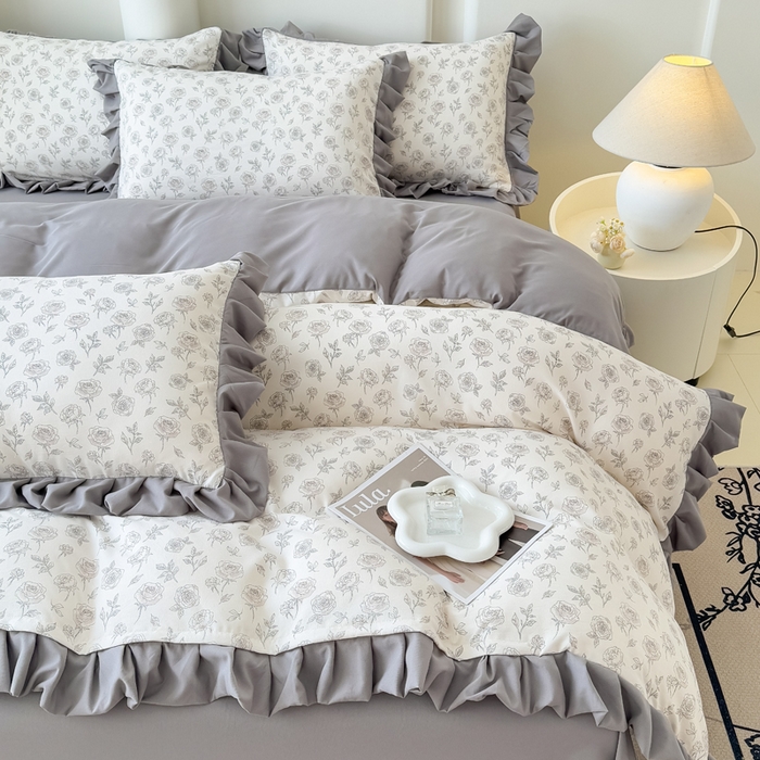 91家纺网 家纺一手货源 找家纺 晚爱家纺（原晚安家居） 2026韩版花边四件套 有氧针织双层纱天竺棉超柔小清新四件套 玫瑰