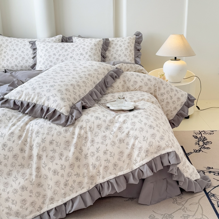 91家纺网 家纺一手货源 找家纺 晚爱家纺（原晚安家居） 2026韩版花边四件套 有氧针织双层纱天竺棉超柔小清新四件套 玫瑰