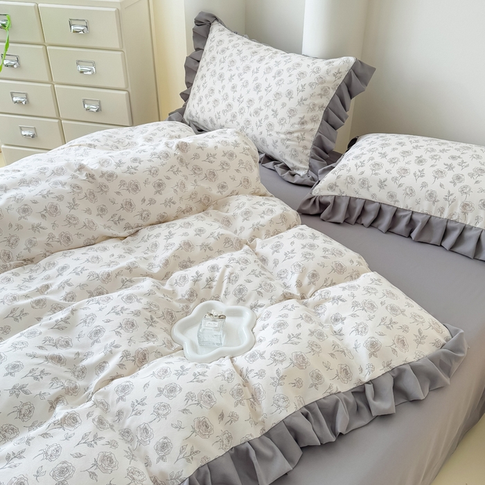 91家纺网 家纺一手货源 找家纺 晚爱家纺（原晚安家居） 2026韩版花边四件套 有氧针织双层纱天竺棉超柔小清新四件套 玫瑰