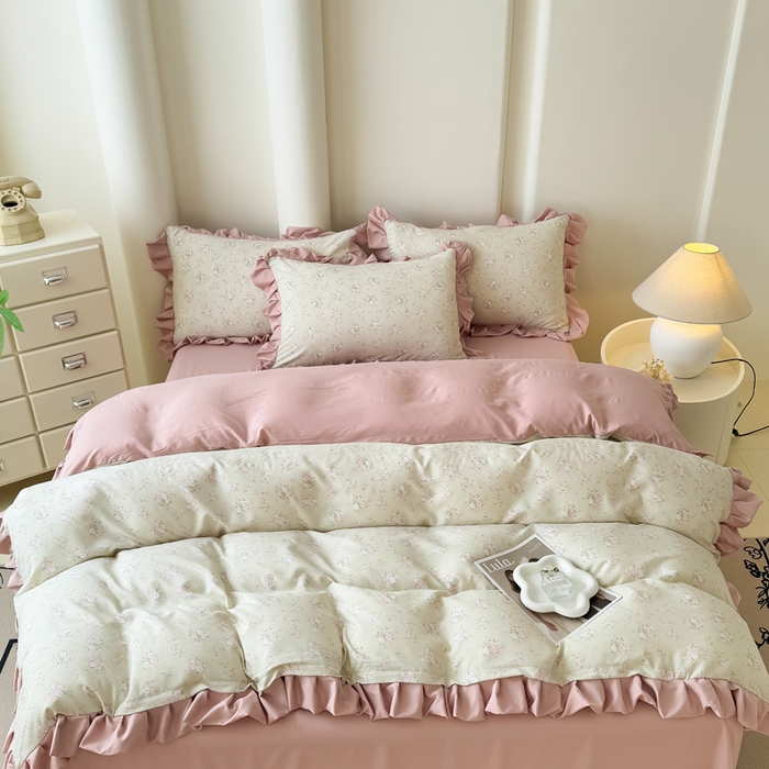 91家纺网 家纺一手货源 找家纺 晚爱家纺（原晚安家居） 2026韩版花边四件套 有氧针织双层纱天竺棉超柔小清新四件套 茉莉青提