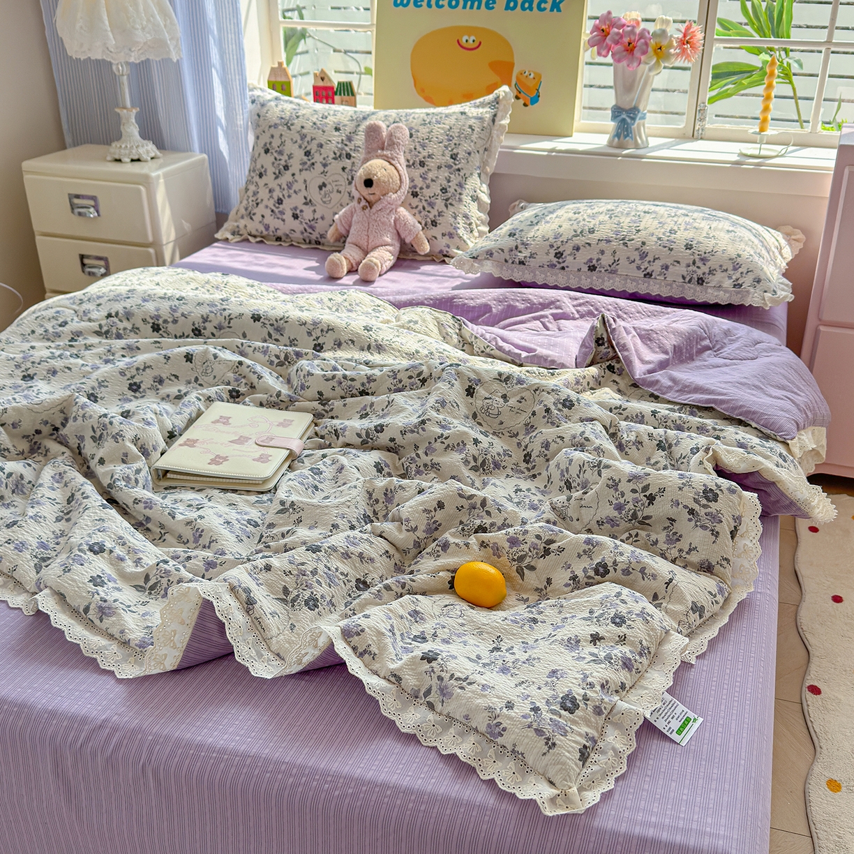 91家纺网 家纺一手货源 找家纺 弗苓家纺 2026新款高克重泡芙棉花边款夏被夏凉被空调被四件套小红书推荐-风格二 小猫幻境-灰