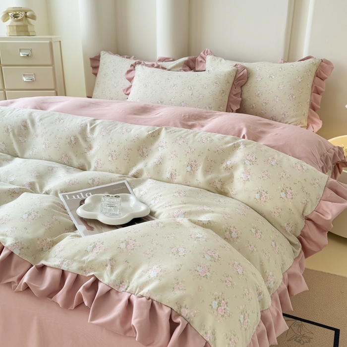 91家纺网 家纺一手货源 找家纺 晚爱家纺（原晚安家居） 2026韩版花边四件套 有氧针织双层纱天竺棉超柔小清新四件套 茉莉青提