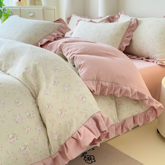 91家纺网 家纺一手货源 找家纺 晚爱家纺（原晚安家居） 2026韩版花边四件套 有氧针织双层纱天竺棉超柔小清新四件套 茉莉青提