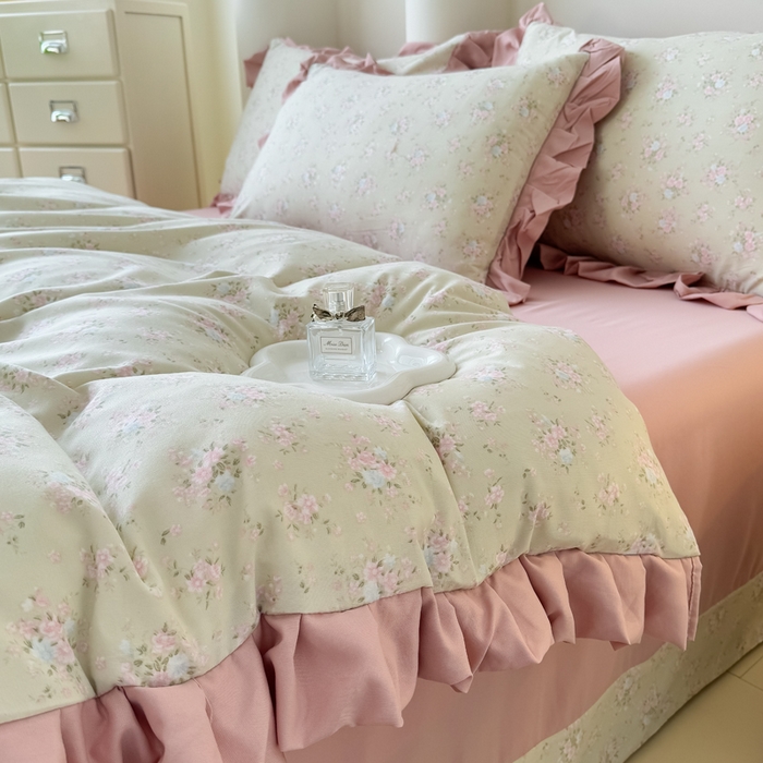 91家纺网 家纺一手货源 找家纺 晚爱家纺（原晚安家居） 2026韩版花边四件套 有氧针织双层纱天竺棉超柔小清新四件套 茉莉青提