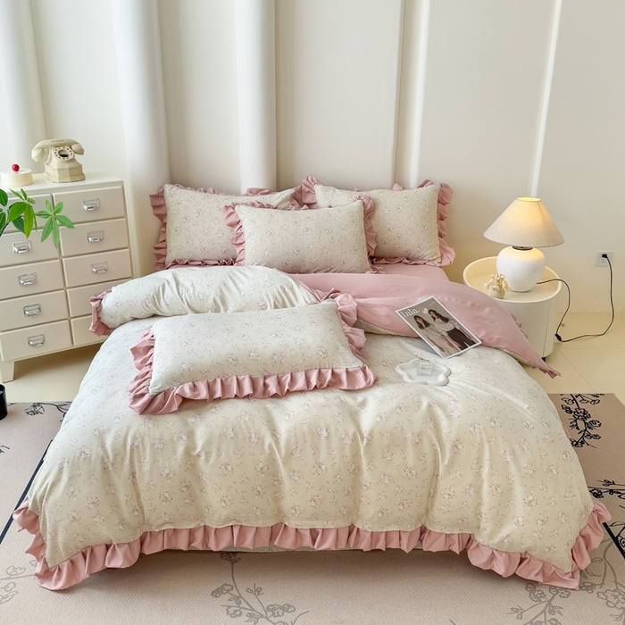 91家纺网 家纺一手货源 找家纺 晚爱家纺（原晚安家居） 2026韩版花边四件套 有氧针织双层纱天竺棉超柔小清新四件套 茉莉青提