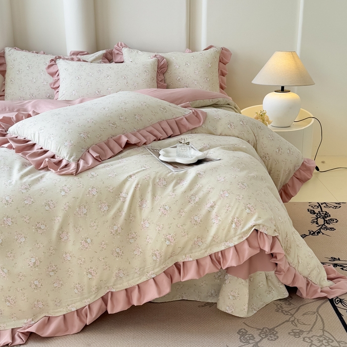 91家纺网 家纺一手货源 找家纺 晚爱家纺（原晚安家居） 2026韩版花边四件套 有氧针织双层纱天竺棉超柔小清新四件套 茉莉青提