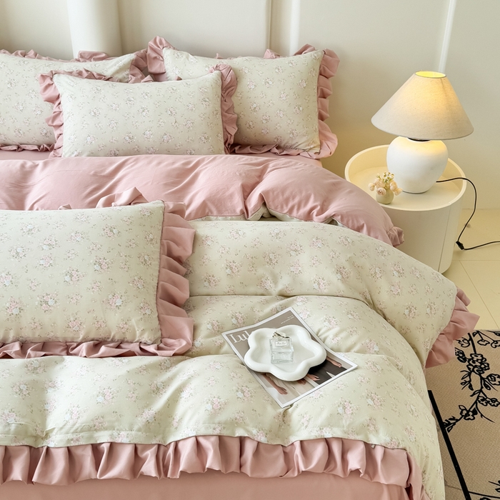 91家纺网 家纺一手货源 找家纺 晚爱家纺（原晚安家居） 2026韩版花边四件套 有氧针织双层纱天竺棉超柔小清新四件套 茉莉青提