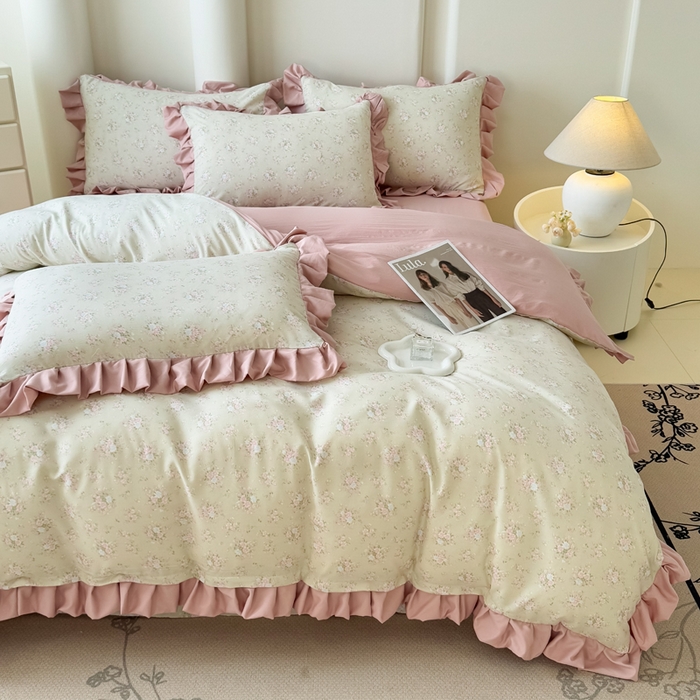 91家纺网 家纺一手货源 找家纺 晚爱家纺（原晚安家居） 2026韩版花边四件套 有氧针织双层纱天竺棉超柔小清新四件套 茉莉青提