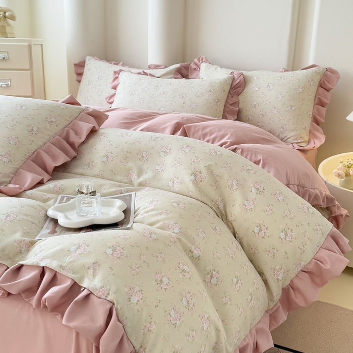 91家纺网 家纺一手货源 找家纺 晚爱家纺（原晚安家居） 2026韩版花边四件套 有氧针织双层纱天竺棉超柔小清新四件套 茉莉青提