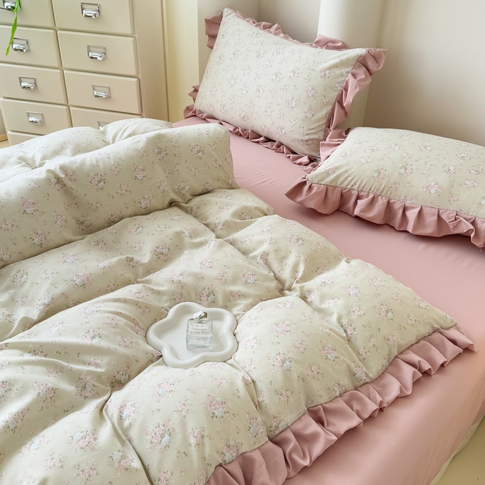 91家纺网 家纺一手货源 找家纺 晚爱家纺（原晚安家居） 2026韩版花边四件套 有氧针织双层纱天竺棉超柔小清新四件套 茉莉青提