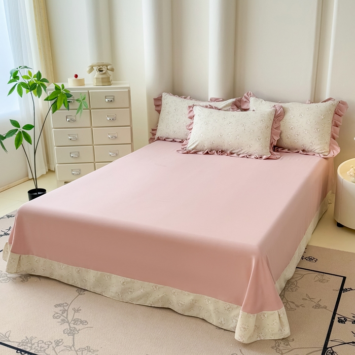 91家纺网 家纺一手货源 找家纺 晚爱家纺（原晚安家居） 2026韩版花边四件套 有氧针织双层纱天竺棉超柔小清新四件套 茉莉青提