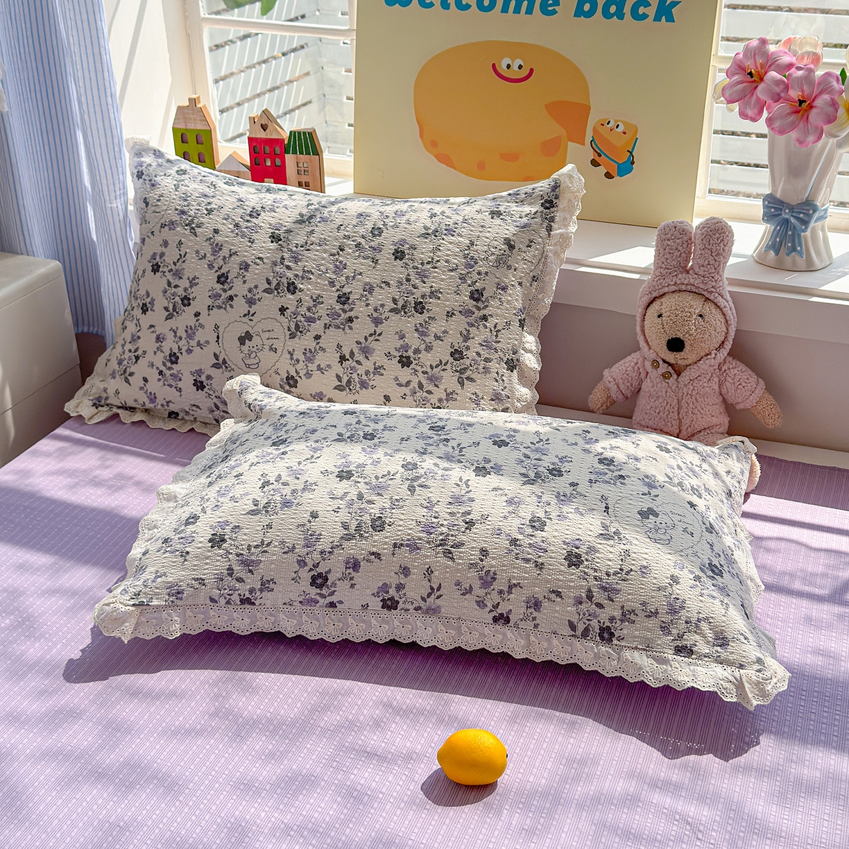 91家纺网 家纺一手货源 找家纺 弗苓家纺 2026新款高克重泡芙棉花边款夏被夏凉被空调被四件套小红书推荐-风格二 小猫幻境-灰