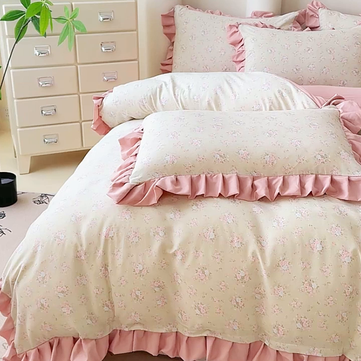 91家纺网 家纺一手货源 找家纺 晚爱家纺（原晚安家居） 2026韩版花边四件套 有氧针织双层纱天竺棉超柔小清新四件套 茉莉青提