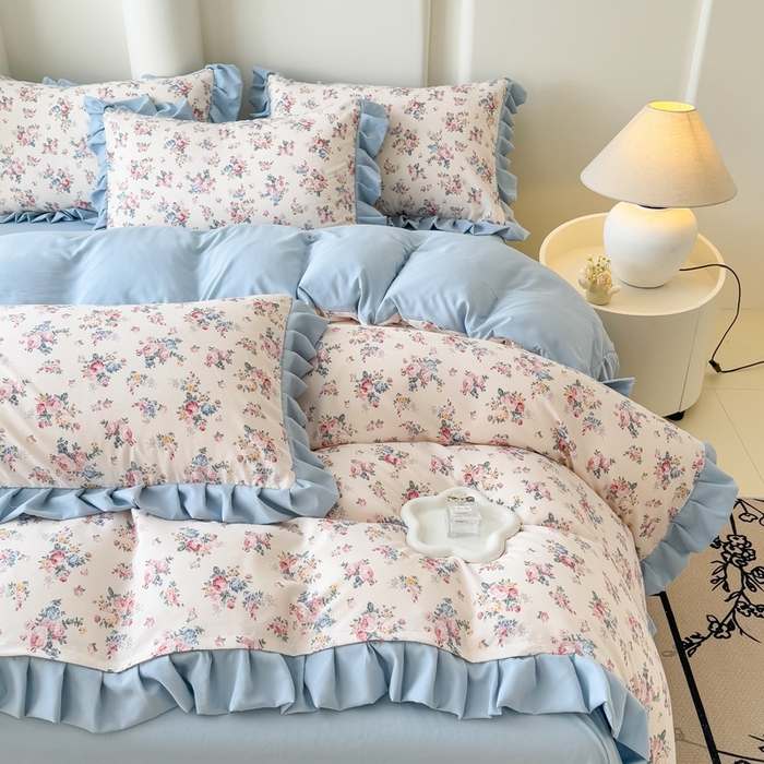 91家纺网 家纺一手货源 找家纺 晚爱家纺（原晚安家居） 2026韩版花边四件套 有氧针织双层纱天竺棉超柔小清新四件套 沐兰花开